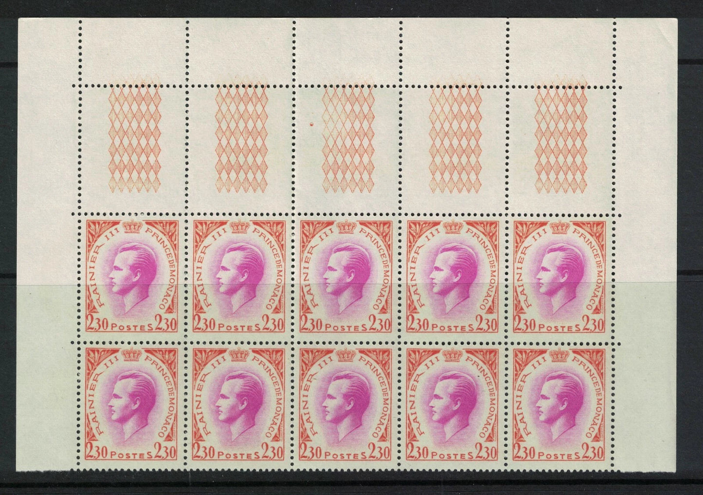 1964 Monaco Prince Ranier 60c, 90c &1F30 Blks of 4 & 2F30 Blk of 10 U/M (RW855)