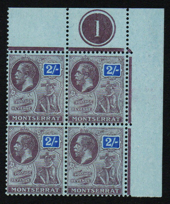 1923 Montserrat SG80 2/- Black & Blue U/M Block of 4 Plate 1 (RW1140)