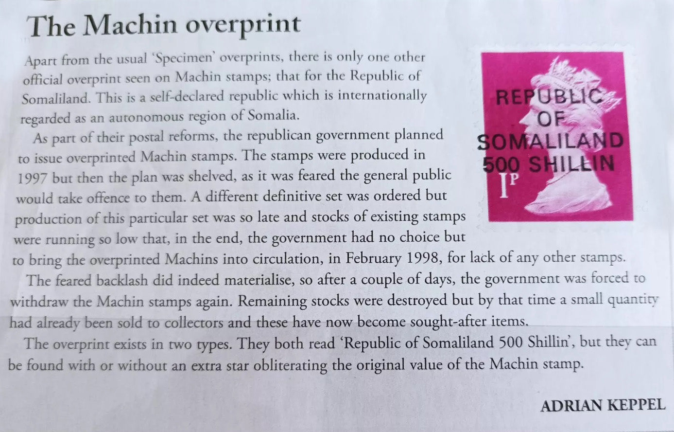 GB 1998 1d Overprinted "Republic of Somaliland" Type 1 & 2 LMM Full Description below (AM737)