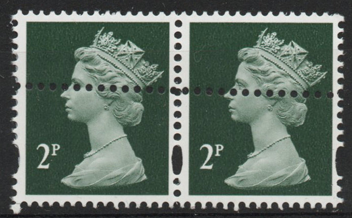 GB QEII SG1688 2d Machin Pair (Elliptical Perf)with doubled perforations error U/M