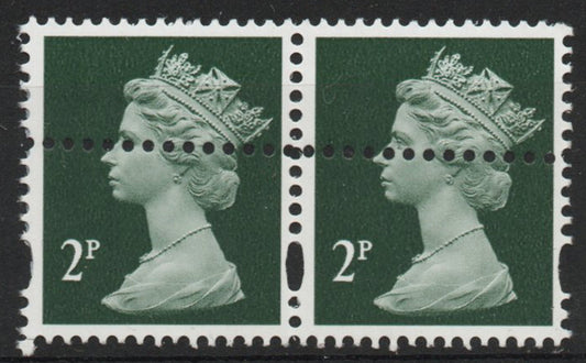 GB QEII SG1688 2d Machin Pair (Elliptical Perf)with doubled perforations error U/M