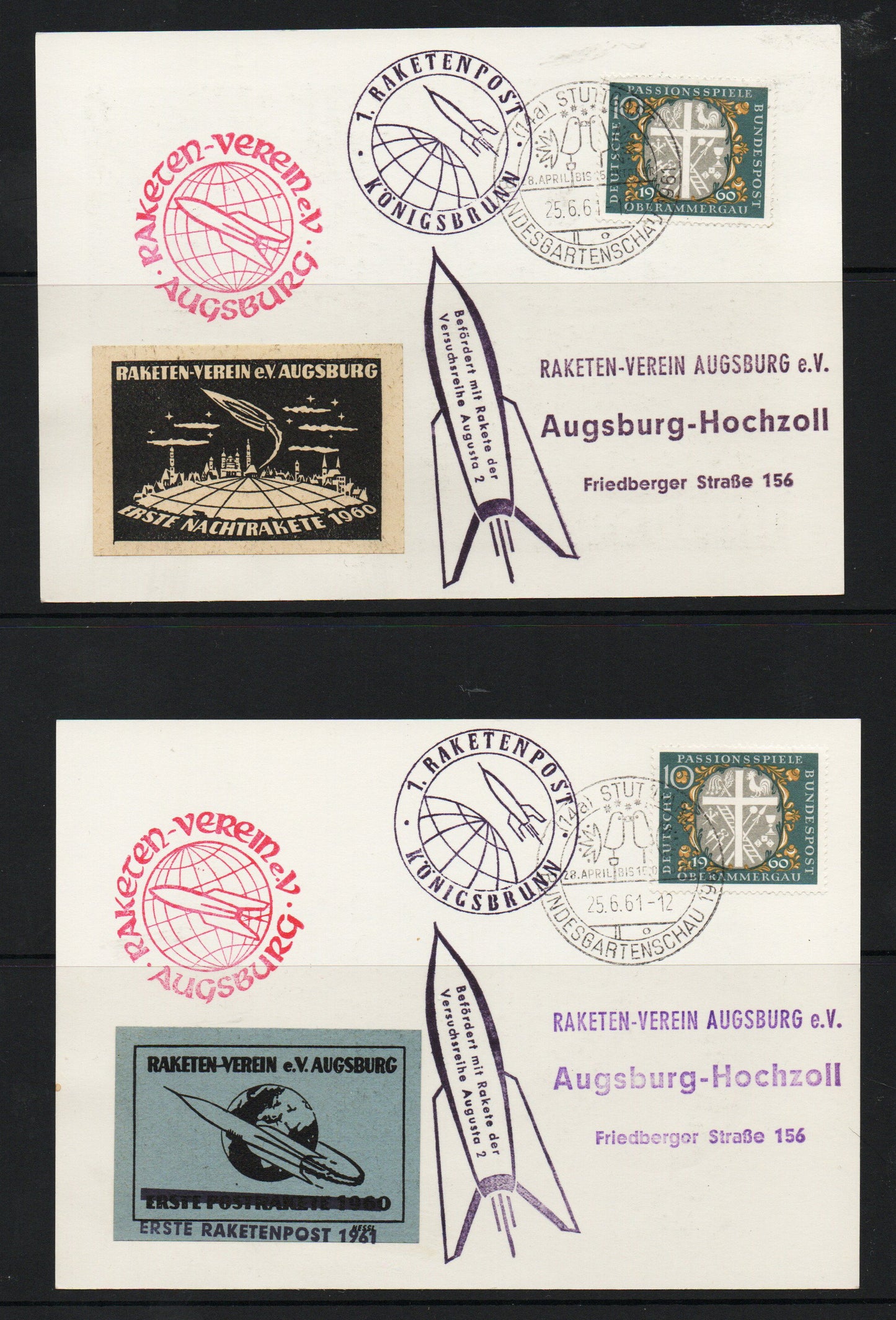 1961 Germany Oberammergau 4 x different Rocket Mail souvenir Cards (TT073)
