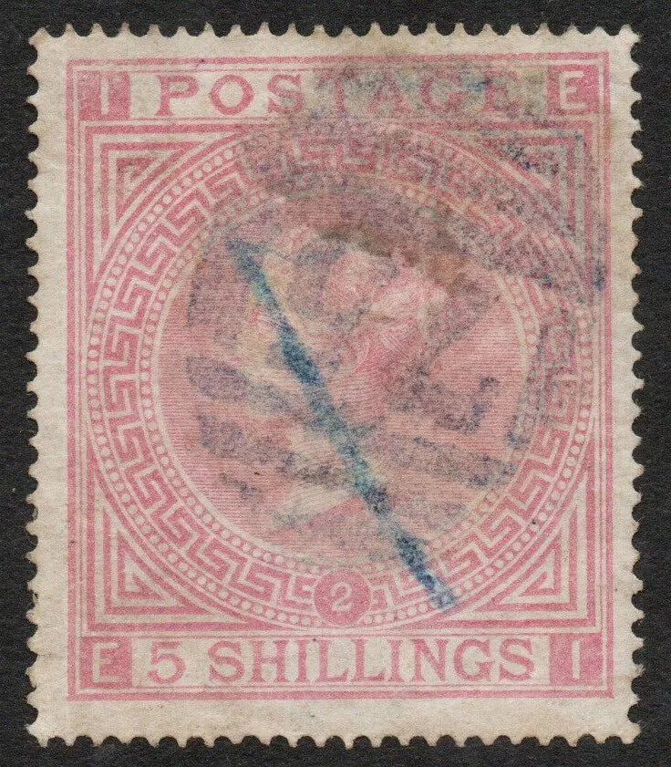 GB QV 1867 SG126 5/- Rose Plate 2 Light Cancellation and crayon mark (E-I)