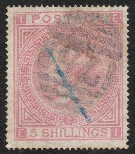 GB QV 1867 SG126 5/- Rose Plate 2 Light Cancellation and crayon mark (E-I)