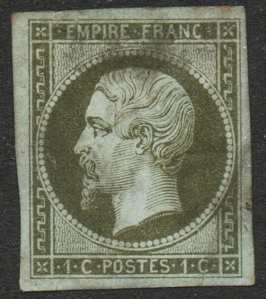 1853 France SG42 "Louis Napoleon" VFU Stamp Olive Green 1c 4 Good Margins