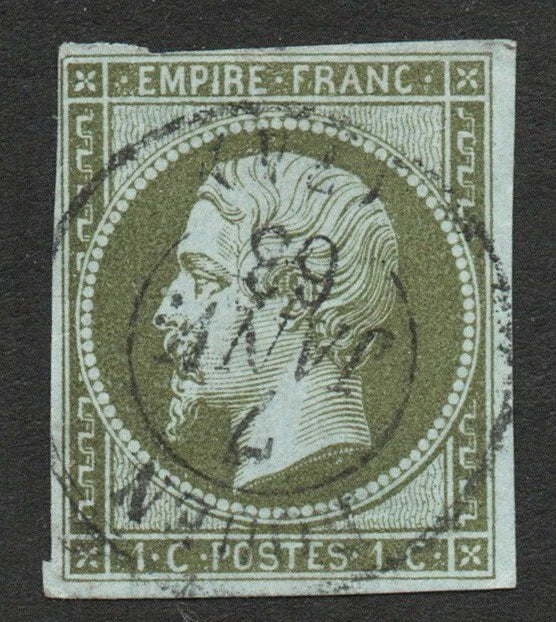 1853 France SG42 "Napoleon" VFU Stamp Olive Green 1c Almost 4 Margins