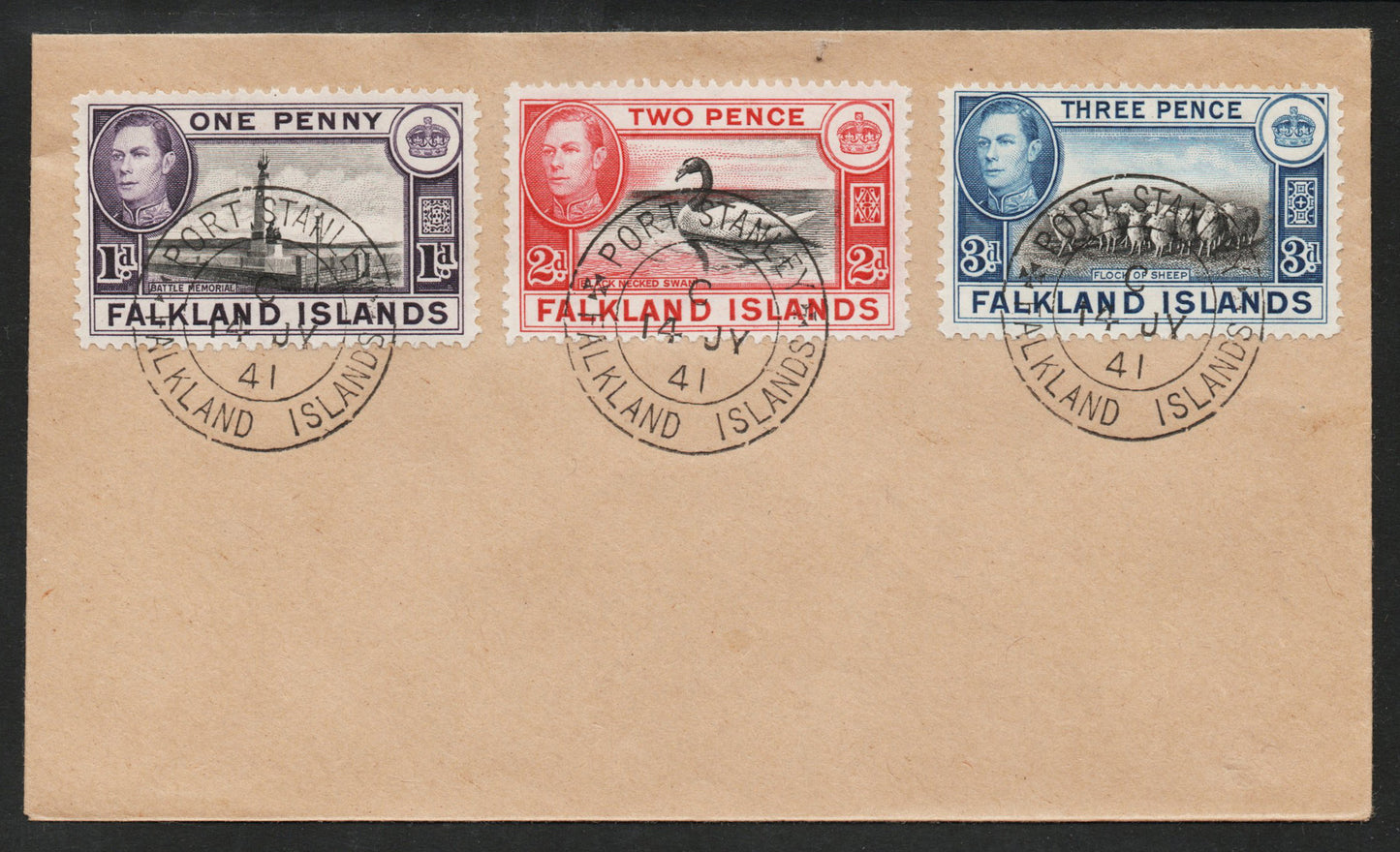 1941 Falkland Islands KGVI Plain FDC bearing SG148, 150 & 153 Unaddressed, Unsealed