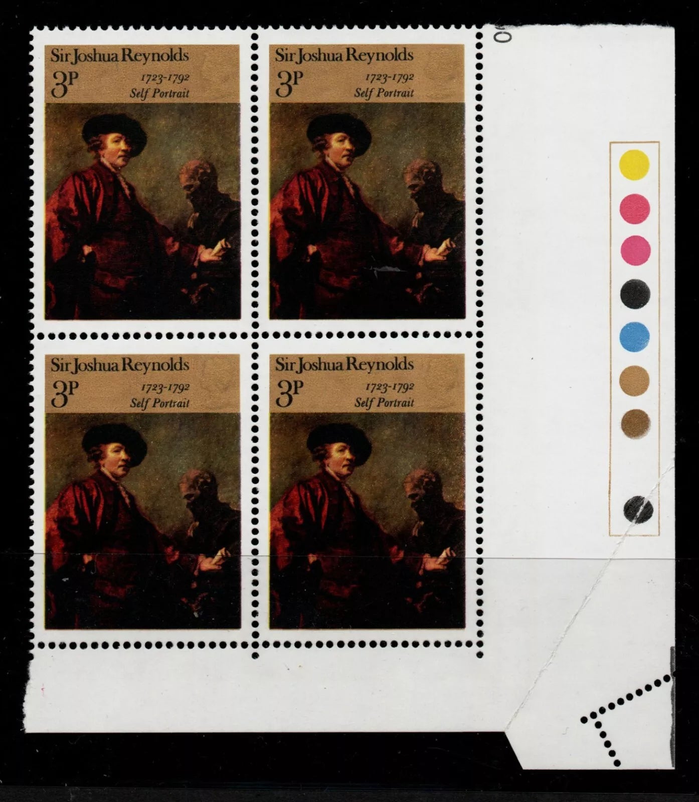 GB 3p Paintings SG931 Block of 4 showing corner fold/misperf error U/M