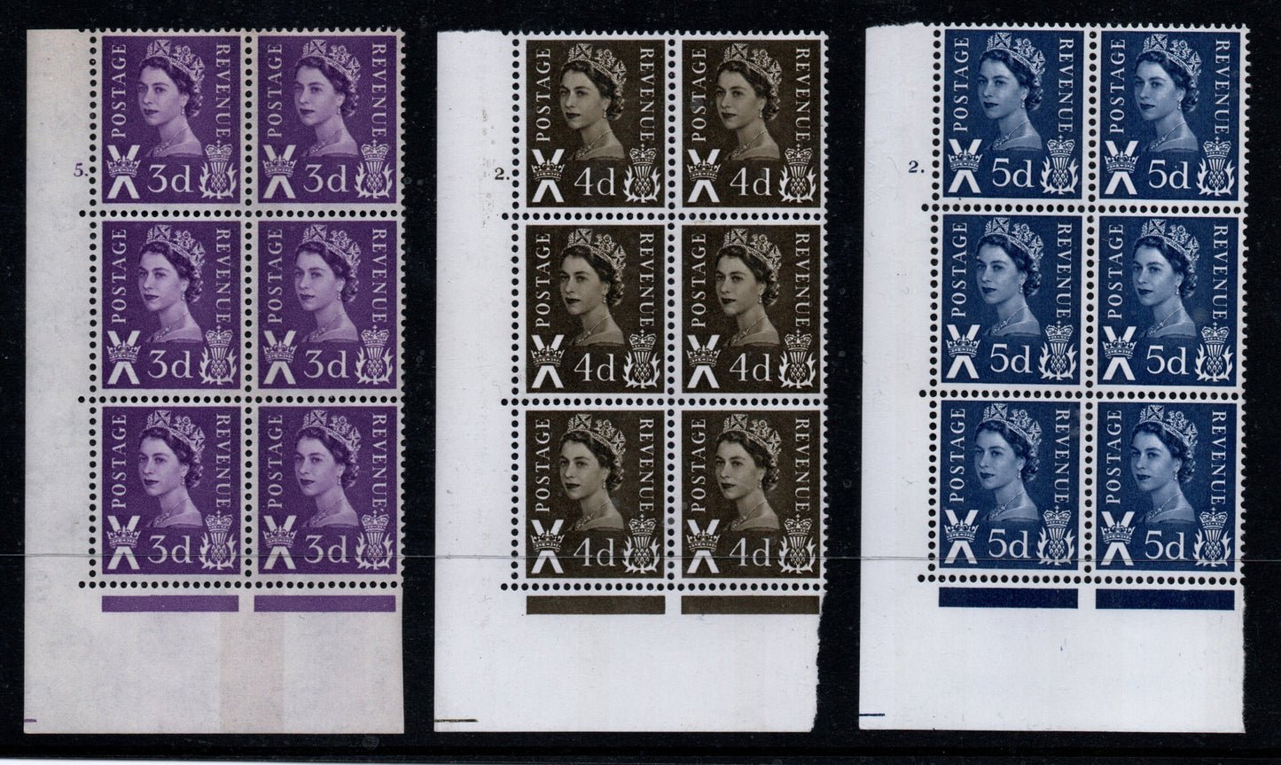 GB 1967 Pre Decimal Scotland Cyl Blocks of 6. S1 3d, (Cyl 5dot) S9 4d , (Cyl 2dot), S11 5d (Cyl 2dot) All U/M