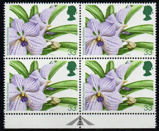 GB QEII 1993 SG1662 World Orchid Conference Missing Logo Error in U/M Block of 4 (TT322)