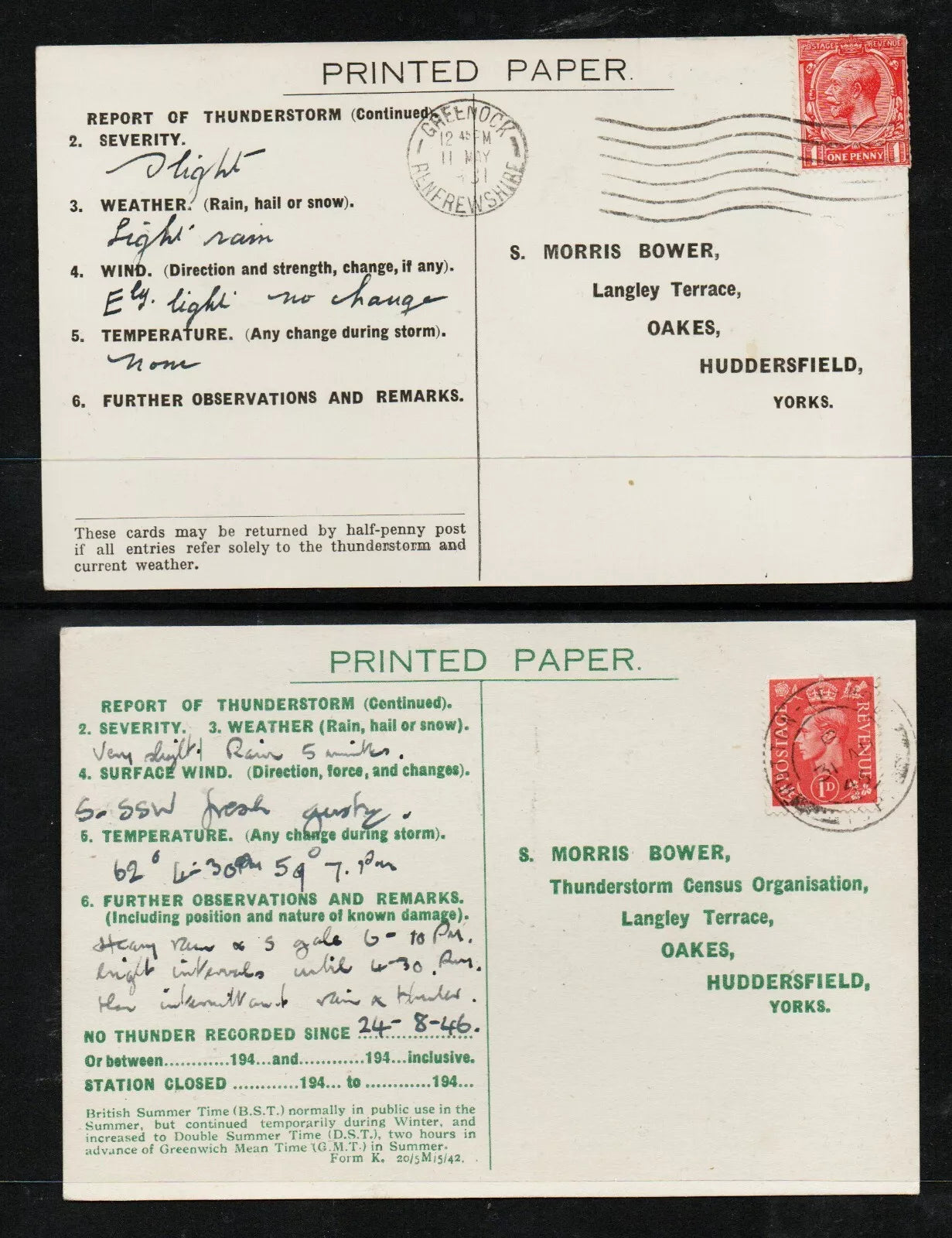 GB Weather reports sent by Postcard to "Thunderstorm Census Organisation" (TT032)