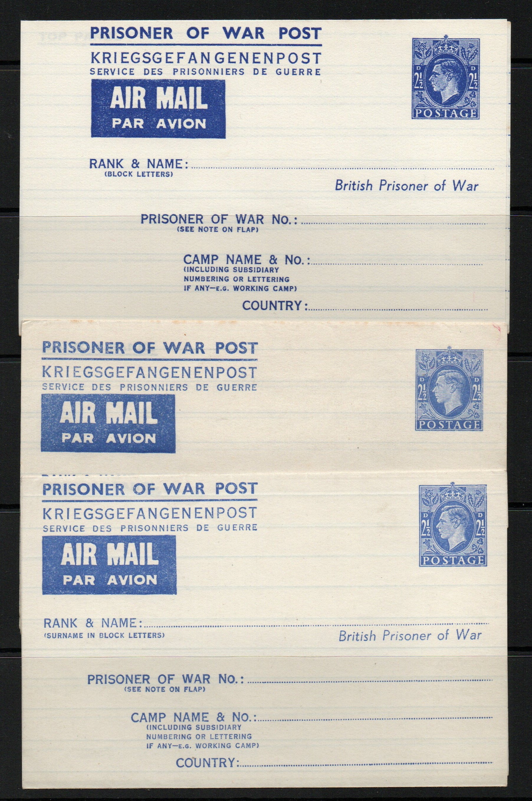 GB KGVI 3 x Unused Prisoner of War Envelopes, Flap at Bottom, Top and Top with "No Enclosures"