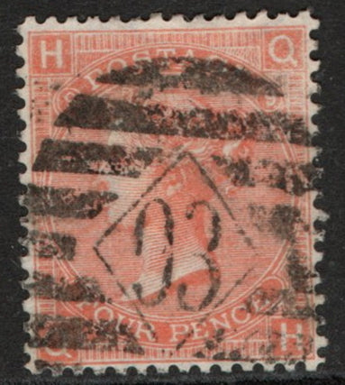 1865 GB SG94 4d Vermilion Wmk Large Garter. Plate 9 (Q-H)