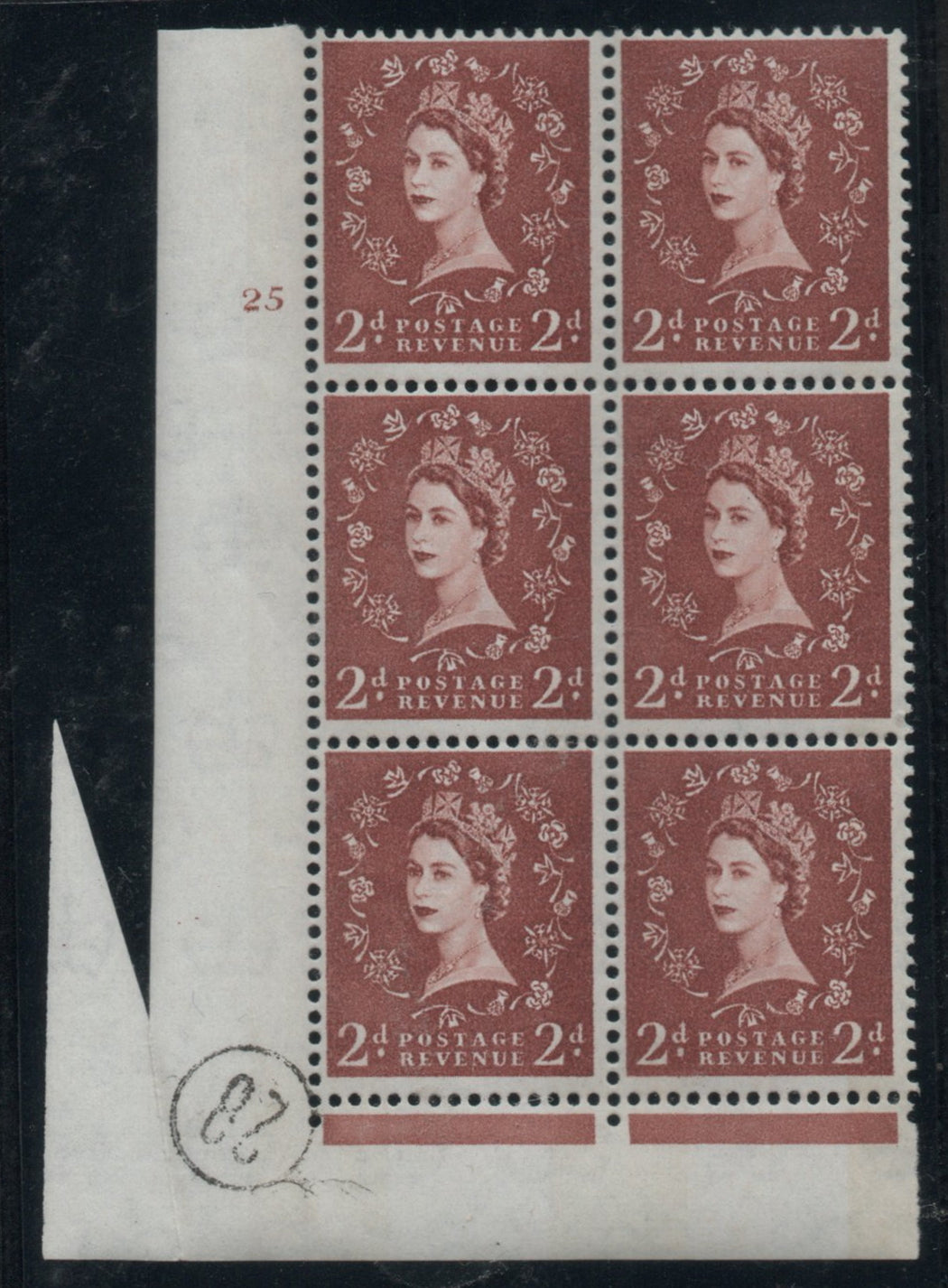 GB 1961 QEII SG613a 2d Brown Cylinder 25 Miscut due to Paper Fold Error U/M