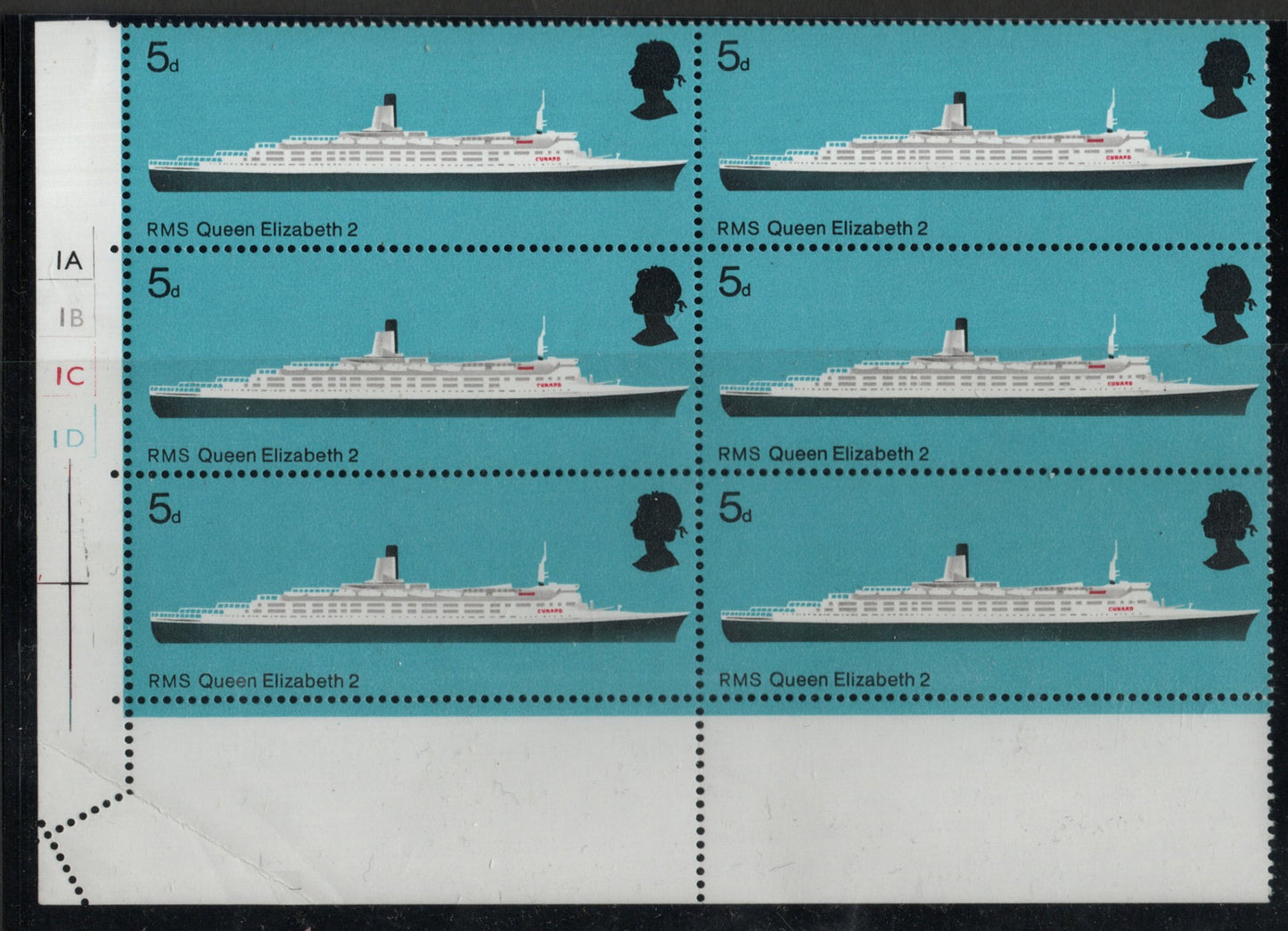 GB 1969 QEII British Ships SG 778 5d Cyl Block of 6 with Paper Fold Error Unmounted Mint