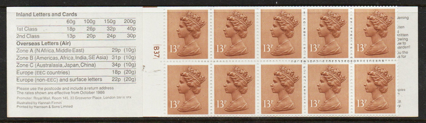 1987 GB Booklet FL9a Garden cylinder B37 U/M (TT798)