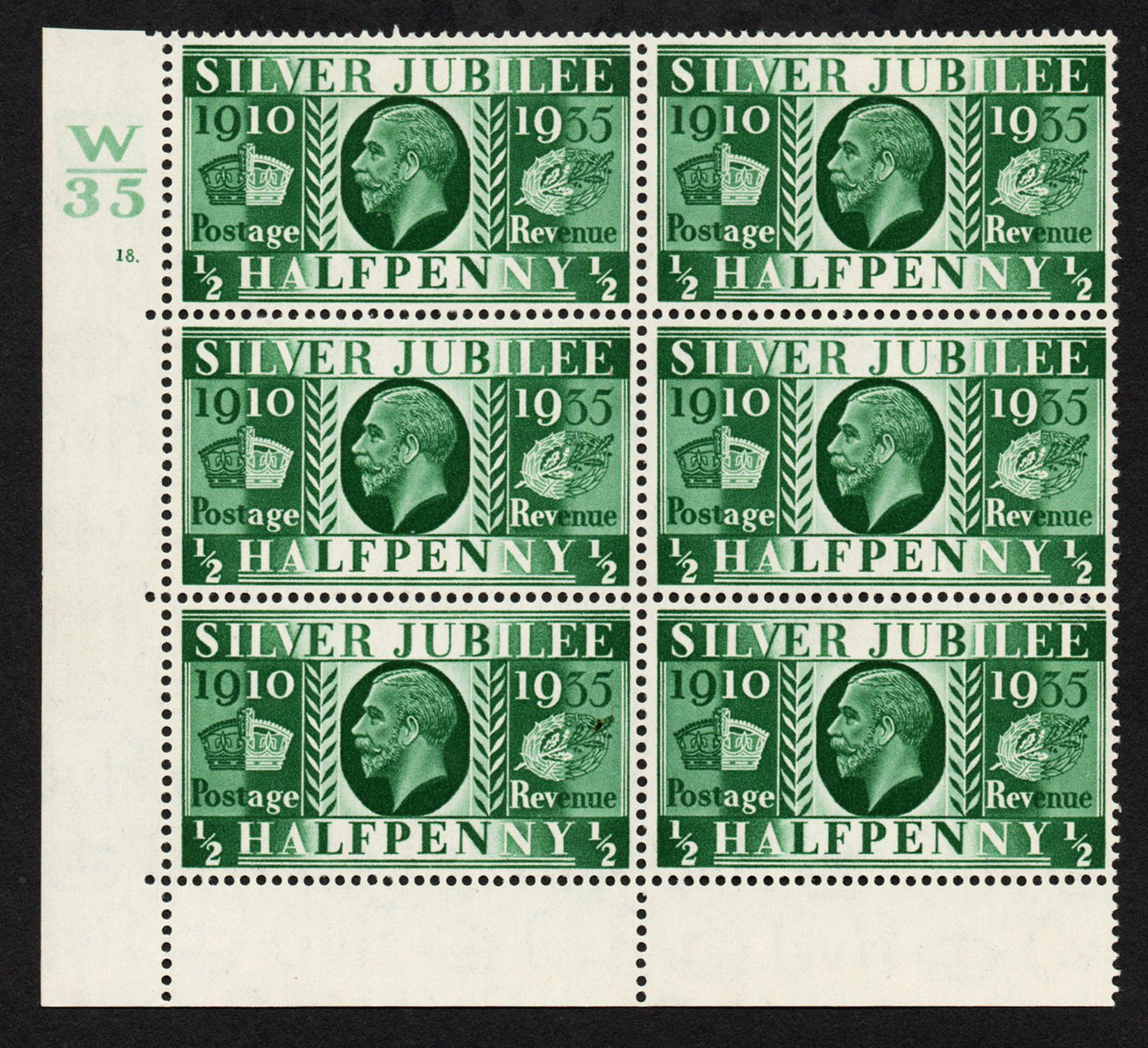 GB 1935 KEVIII SG453 ½d Cylinder 18 dot, Control W/35 Block of 5, Perf 6, M/M