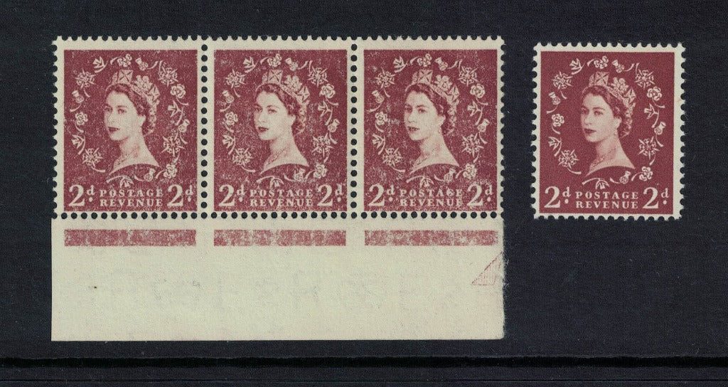 1955 GB Great Britain QEII SG543 2d Red-Brown Defin Strip of 3 Dry Print Error U/M Normal not included in this sale