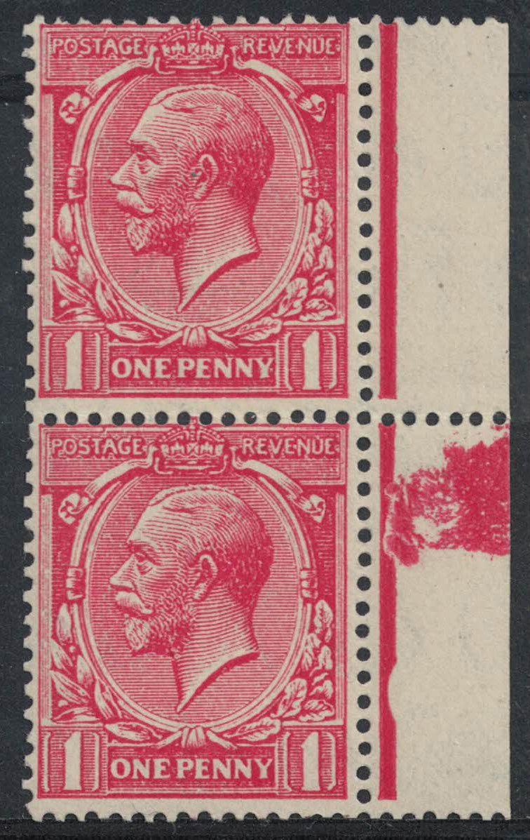 1924 GB Great Britain King George V SG419 1d Scarlet Vertical Pair with ink Splash in Margin Very Lightly Mounted Mint