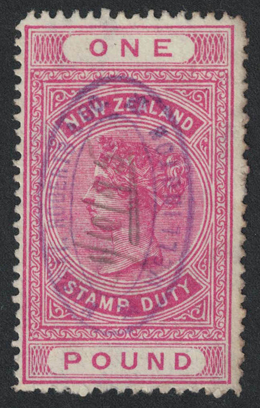1890 New Zealand SGF45 £1 Pink Stamp Duty, Wmk 12b, Perf12½, Fine Used