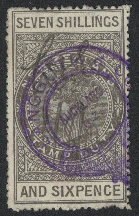 1882 New Zealand Stamp Duty SC# AR9 7/6d Olive Grey. Postally Used?