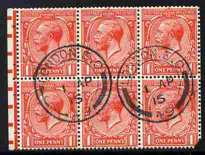 GB Great Britain 1912-24 KG5 1d booklet pane of 6 with 1915 cds cancel, lower right corner damaged