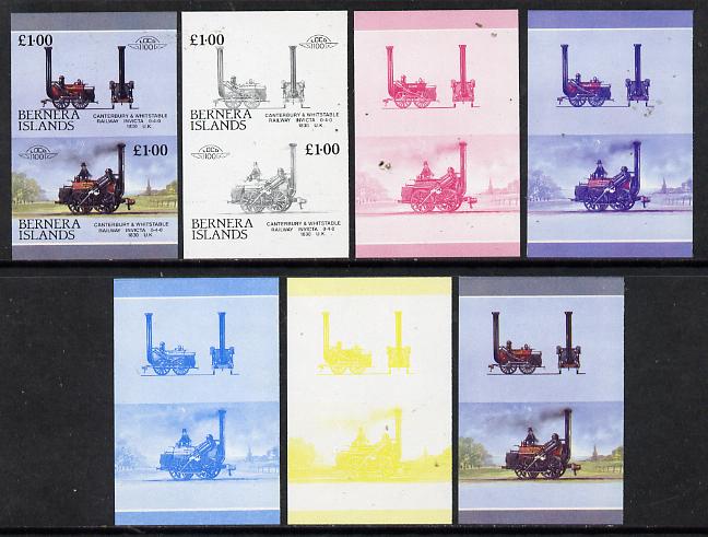 Bernera 1983 Locomotives #2 (Canterbury & Whitstable Rly) £1 set of 7 se-tenant progressive proof pairs comprising the 4 individual colours plus 2, 3 and all 4 colour composites (7 proof pairs) unmounted mint*