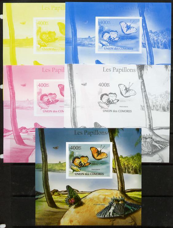 Comoro Islands 2011 Butterflies #5 m/sheet - the set of 5 imperf progressive proofs comprising the 4 individual colours plus all 4-colour composite, unmounted mint