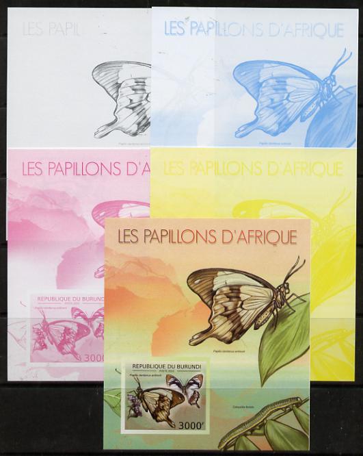 Burundi 2012 Butterflies #1 deluxe sheet - the set of 5 imperf progressive proofs comprising the 4 individual colours plus all 4-colour composite, unmounted mint