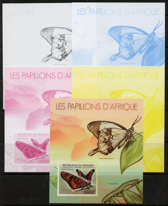 Burundi 2012 Butterflies #3 deluxe sheet - the set of 5 imperf progressive proofs comprising the 4 individual colours plus all 4-colour composite, unmounted mint