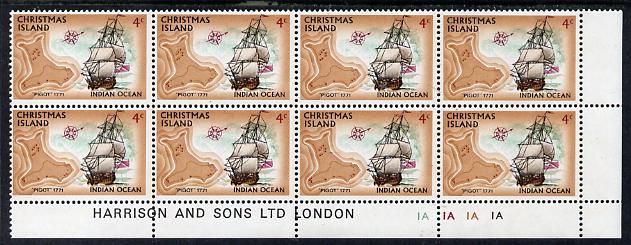 Christmas Island 1972-73 Ships - 4c Pigot SE corner block of 8 with Harrison & Sons imprint & cyl nos 1A x 4 unmounted mint but minor wrinkles in margin as SG 40