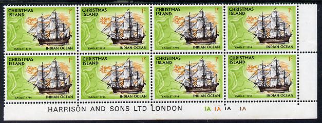 Christmas Island 1972-73 Ships - 1c Eagle SE corner block of 8 with Harrison & Sons imprint & cyl nos 1A x 4 unmounted mint but minor wrinkles in margin as SG 37
