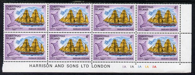 Christmas Island 1972-73 Ships - 6c HMS Flying Fish SE corner block of 8 with Harrison & Sons imprint & cyl nos 1A x 5 unmounted mint but minor wrinkles in margin as SG 42
