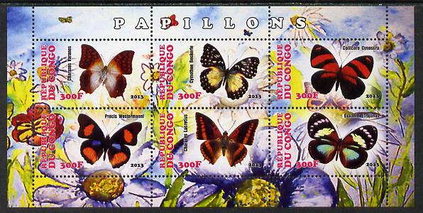 Congo 2013 Butterflies #4 perf sheetlet containing six values unmounted mint