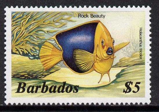 Barbados 1986 Rock Beauty $5 (from Marine Life def set) without imprint date, SG 808A