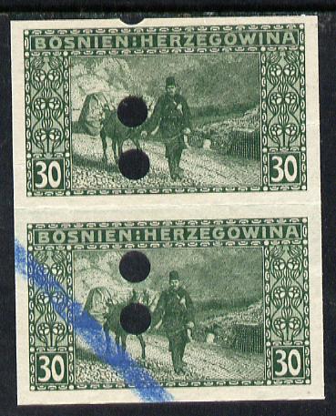 Bosnia & Herzegovina 1906 Postman & Beast of Burden 30h green imperf proof pair each with punch holes and blue crayon, as SG 194 (some winkles)