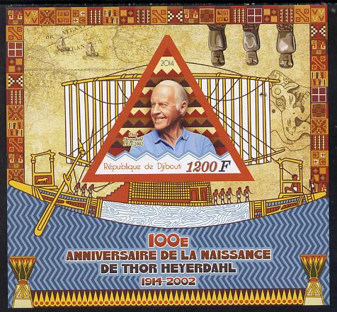 Djibouti 2014 Birth Centenary of Thor Heyerdahl imperf sheetlet containing triangular value unmounted mint