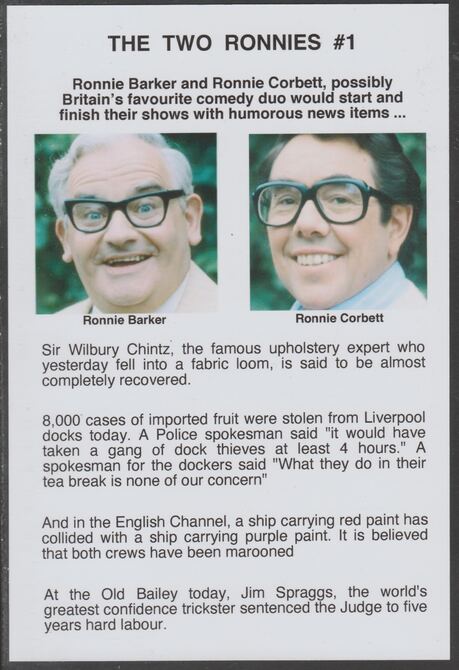 Cinderella - The Two Ronnies #01 Glossy card 150 x 100 mm showing Ronnie B & Ronnie C and 4 of their humorous news items