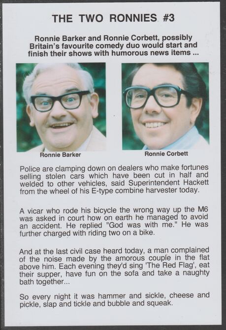 Cinderella - The Two Ronnies #03 Glossy card 150 x 100 mm showing Ronnie B & Ronnie C and 4 of their humorous news items