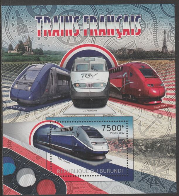 Burundi 2012 French Trains perf souvenir sheet,containing 1 value unmounted mint.t.