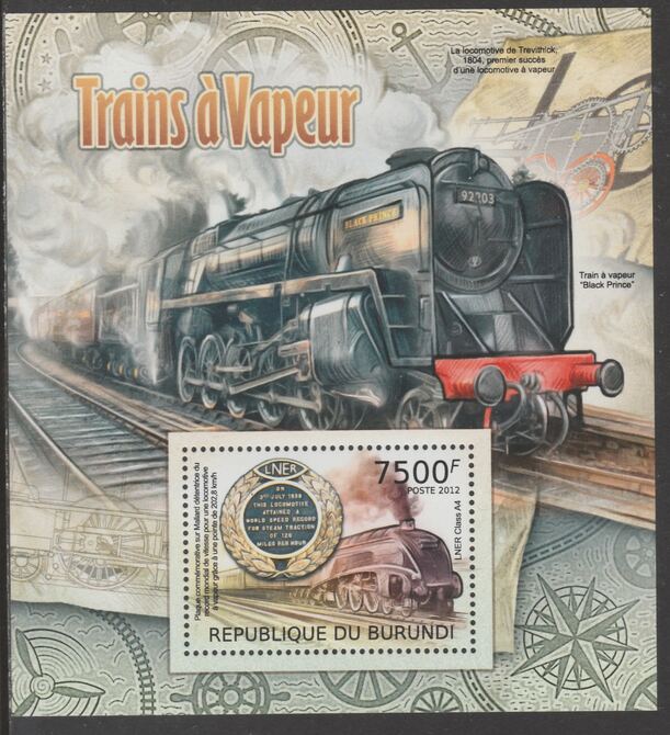 Burundi 2012 Steam Trains perf souvenir sheet,containing 1 value unmounted mint.t.