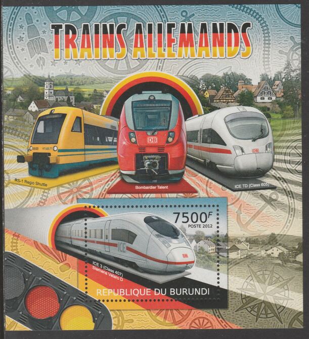 Burundi 2012 German Trains perf souvenir sheet,containing 1 value unmounted mint.t.