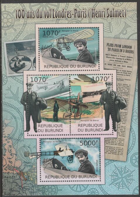 Burundi 2012 Centenary of Henri Salmet's London to Paris Flight perf sheetlet containing 4 values unmounted mint.
