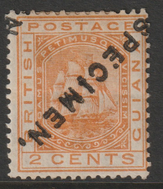 British Guiana 1876 Ship Type 2c orange handstamped SPECIMEN diagonally, with gum but slight discolouration, very scarce SG 127s