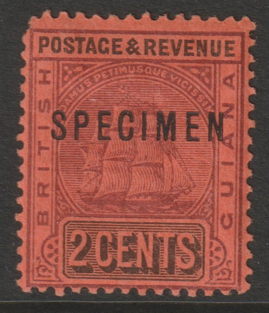 British Guiana 1900 Ship Type 2c purple & black on red overprinted SPECIMEN with gum and only about 750 produced SG 235s
