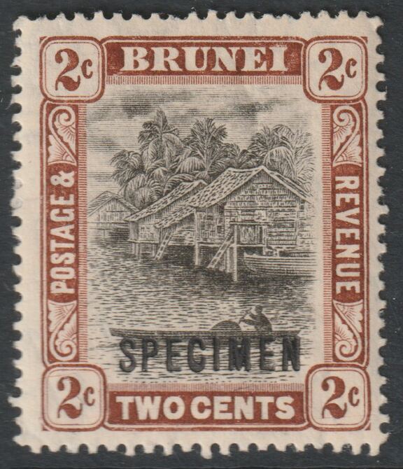Brunei 1908 River Scene 2c black & brown overprinted SPECIMEN with gum and only about 400 produced SG 36s