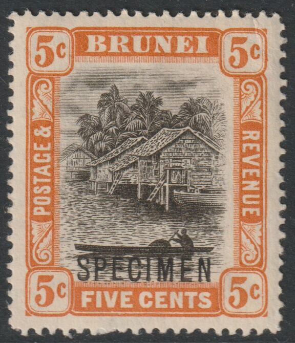 Brunei 1908 River Scene MCA 5c black & orange overprinted SPECIMEN with gum and only about 400 produced SG 40s