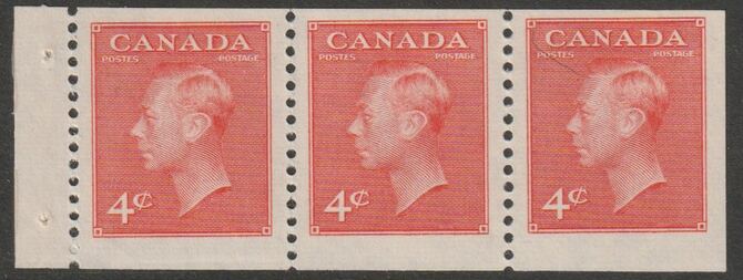 Canada 1949-51 KG6 4c vermilion Booklet pane of 3, two stamps unmounted mint SG423ca