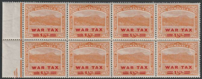 Dominica 1919 War Tax 1.5d on 2.5d orange positional block of 8, one stamp with short fraction bar, unmounted mint SG59 & 59a