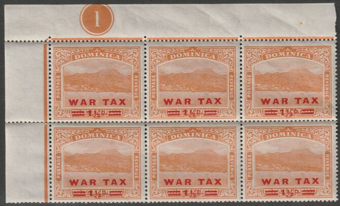 Dominica 1919 War Tax 1.5d on 2.5d orange NW corner block of 6 with Plate No.1, unmounted mint SG 59